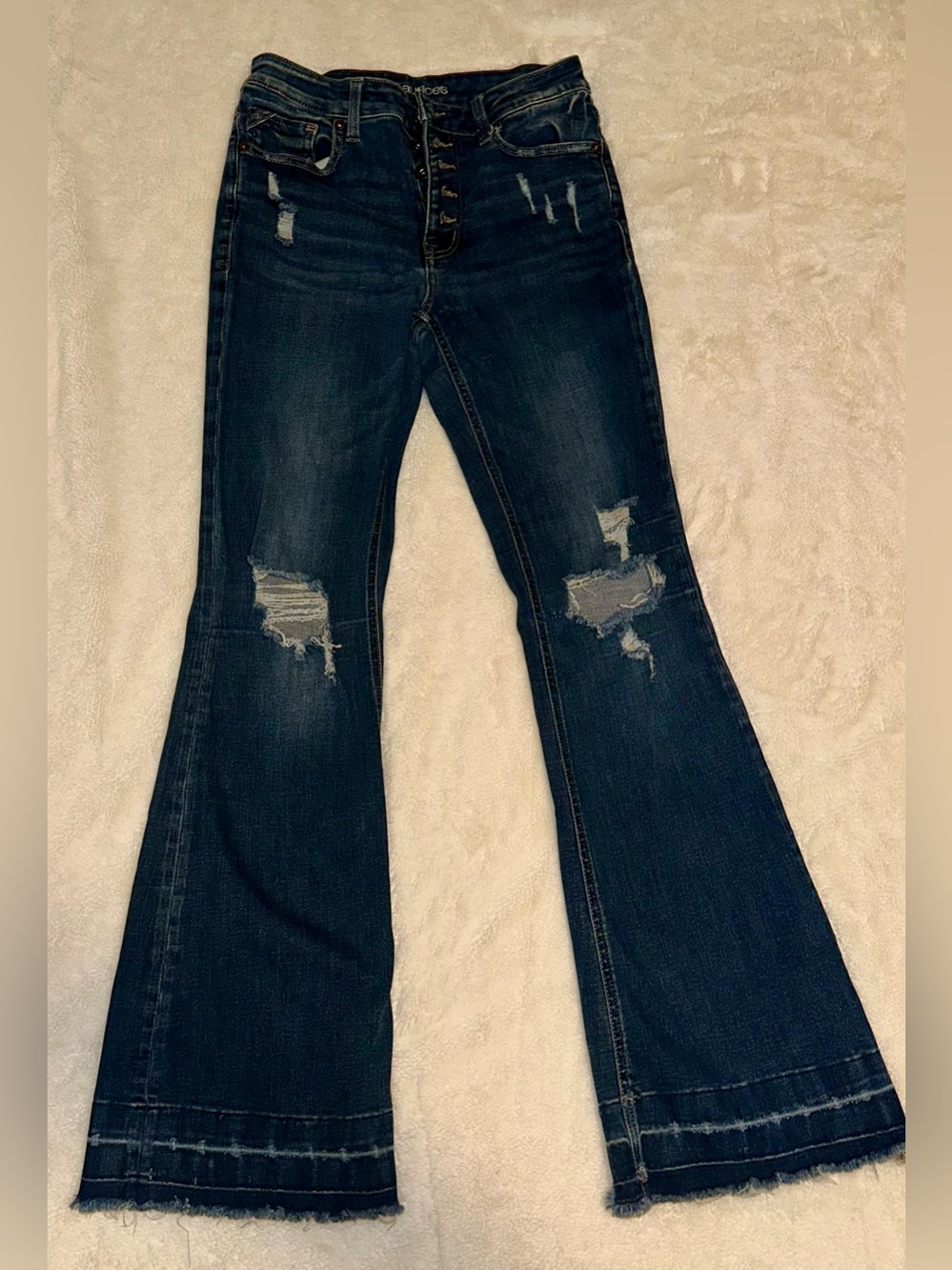 Maurices Dark Blue Distressed Hi Rise Flare Jeans